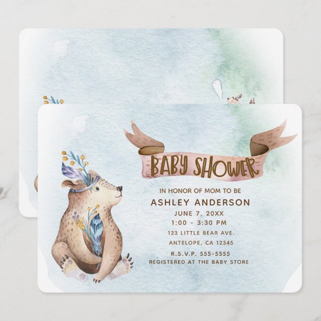 Invitation Baignoire bébé animaux rustiques ours bohème aquar (Devant / Derrière)