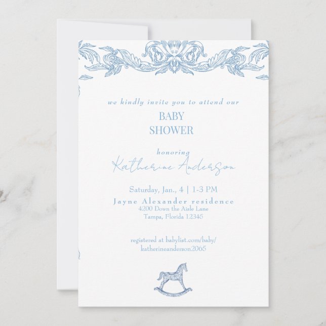 Invitation Baignoire Bébé Fille Vintage Bleu (Devant)