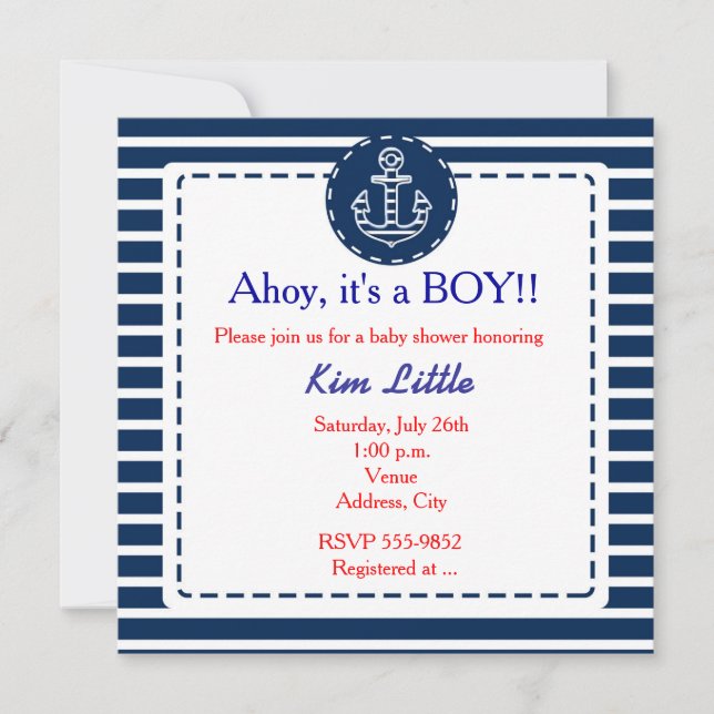 Invitation Baignoire bébé rayé bleu marine d'ancre nautique (Devant)