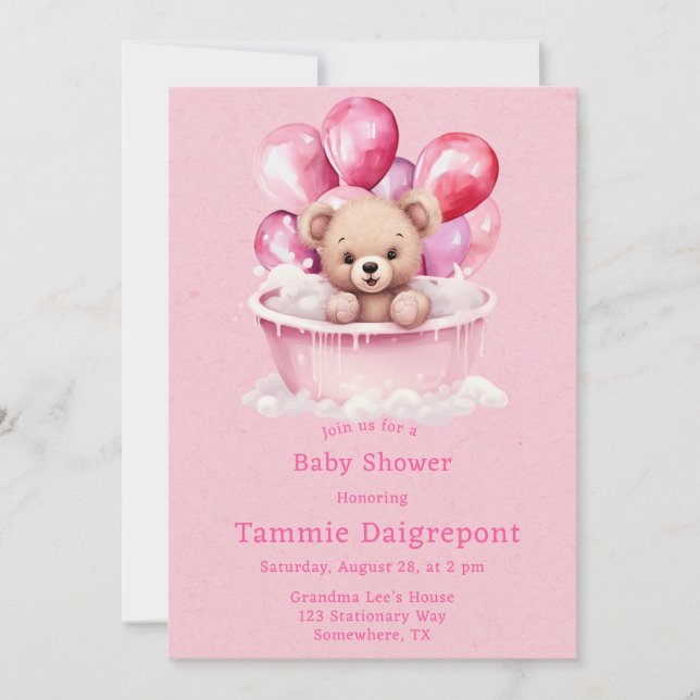 Invitation Baignoire rose Ours Teddy Ballons Baby shower fill (Devant)