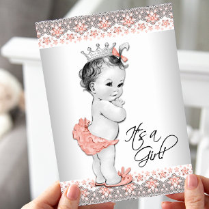 Invitation Baignoire Vintage Peach et Gray pour Bébé Fille