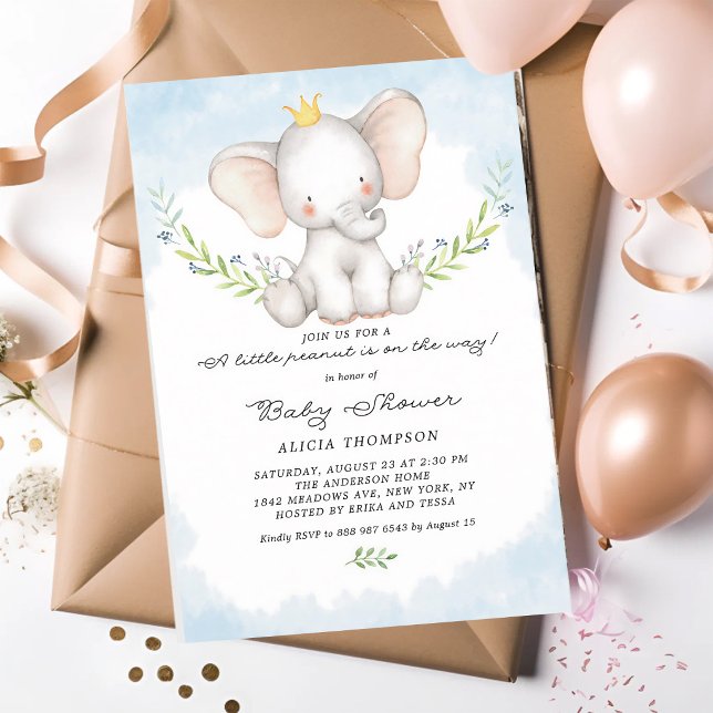 Invitation Bain Bébé Éléphant Garçon Aquarelle (Créateur téléchargé)