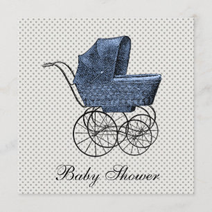 Invitation Bain Bébé Garçon Carrosse Bleu Vintage