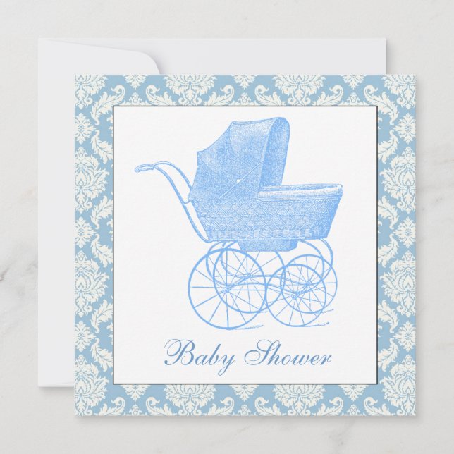 Invitation Bain Bébé Garçon Carrosse Bleu Vintage (Devant)