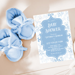 Invitation Bain Bébé Garçon Ours Arc Bleu Blanc Toile