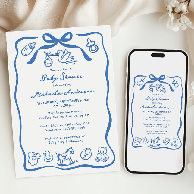 Invitation Bain Bleu Dessiné à la Main Baby Shower Garçon Fan (Créateur téléchargé)