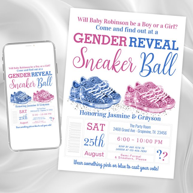 Invitation Bain de baskets pour la révélation du sexe (Sneaker ball gender reveal shower invitation. Instant download and printed invitations available.)
