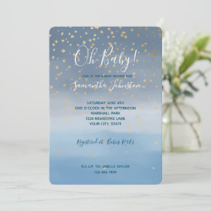 Invitation Bain de bébé à l'aquarelle ciel étoilé or bleu mar