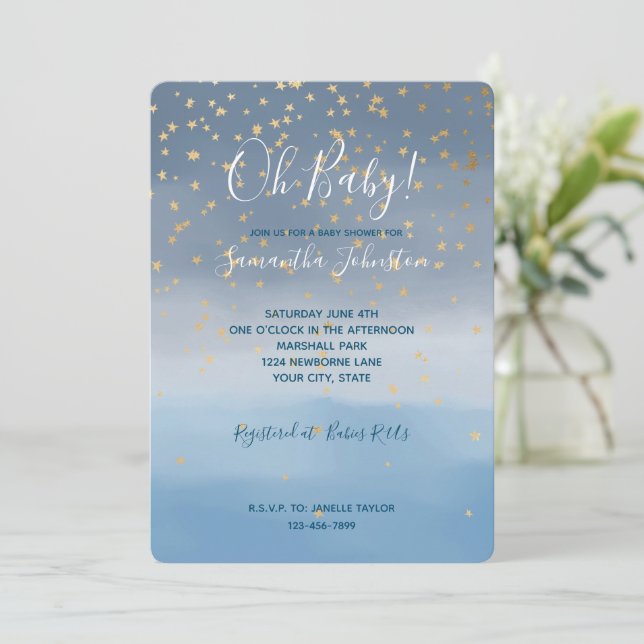 Invitation Bain de bébé à l'aquarelle ciel étoilé or bleu mar (Debout devant)