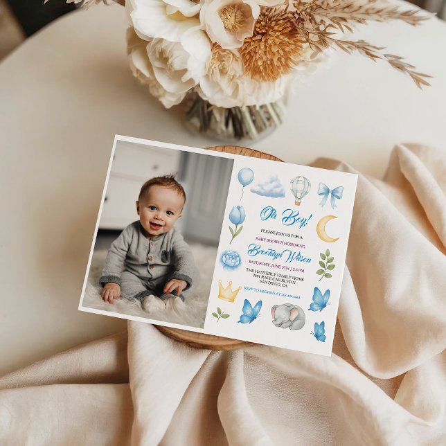 Invitation Bain de bébé à l'aquarelle éléphant de garçon mign (Cute Boy’s Elephant Watercolor Baby Shower Invitation
)