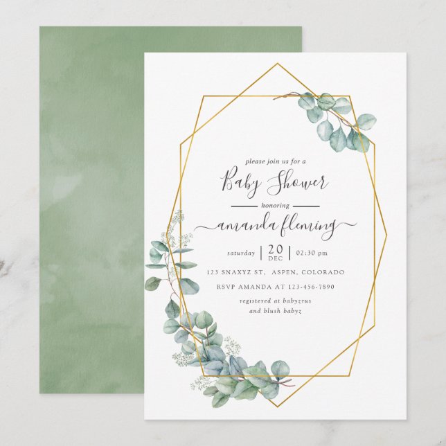 Invitation Bain de bébé à l'aquarelle géométrique Eucalyptus (Devant / Derrière)