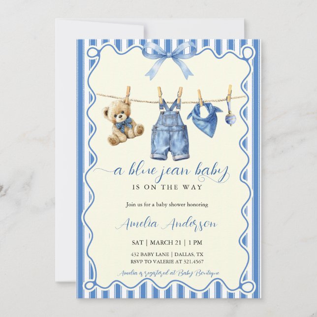 Invitation Bain de bébé à l'aquarelle Ourson en jean bleu (Devant)