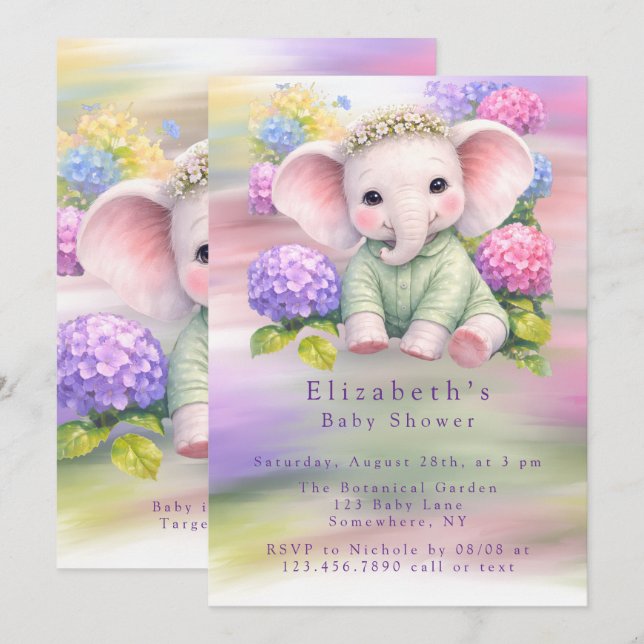 Invitation Bain de bébé à l'éléphant avec des hortensias (Devant / Derrière)