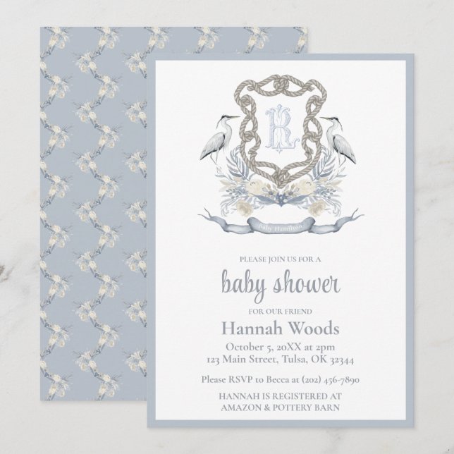 Invitation Bain de bébé à monogramme de corde de héron (Devant / Derrière)