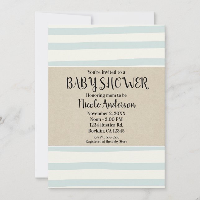 Invitation Bain de bébé aux rayures aquarelles vertes Kraft m (Devant)
