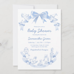 Invitation Bain de Bébé Bleu Toile De Jouy