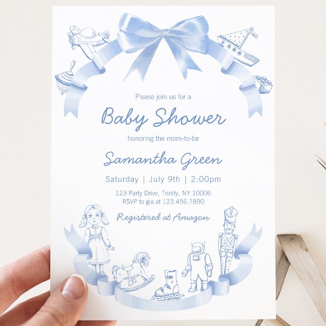 Invitation Bain de Bébé Bleu Toile De Jouy (Créateur téléchargé)