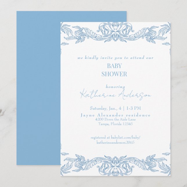 Invitation Bain de bébé bleu vintage (Devant / Derrière)