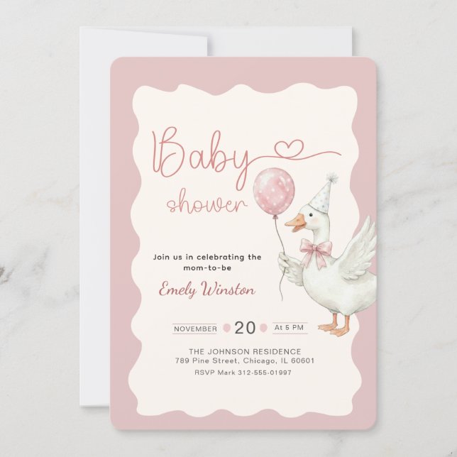 Invitation Bain de bébé Canard Oie Mignon Ruban Rose (Devant)