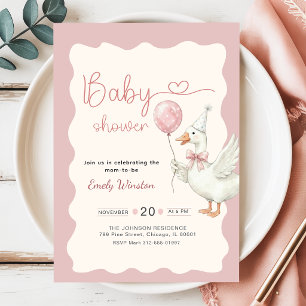 Invitation Bain de bébé Canard Oie Mignon Ruban Rose