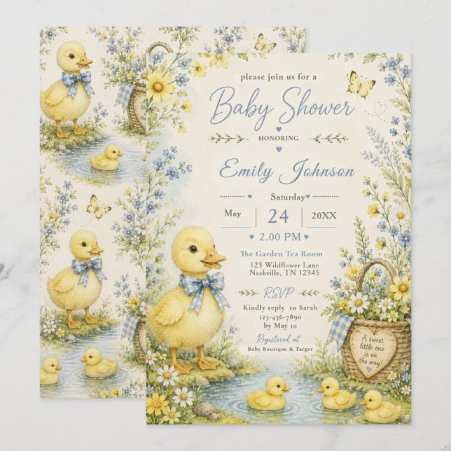 Invitation Bain de bébé caneton (Devant / Derrière)