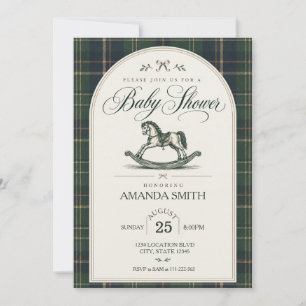 Invitation Bain de bébé Cheval à Bascule Tartan Vintage