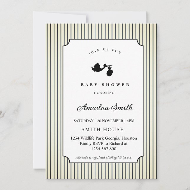 Invitation Bain de bébé cigogne rayures modernes et minimalis (Devant)