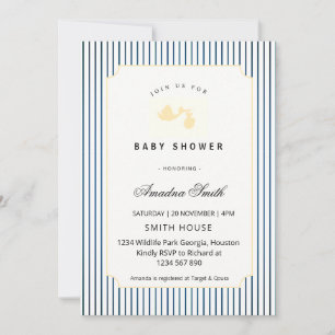 Invitation Bain de bébé cigogne rayures modernes et minimalis