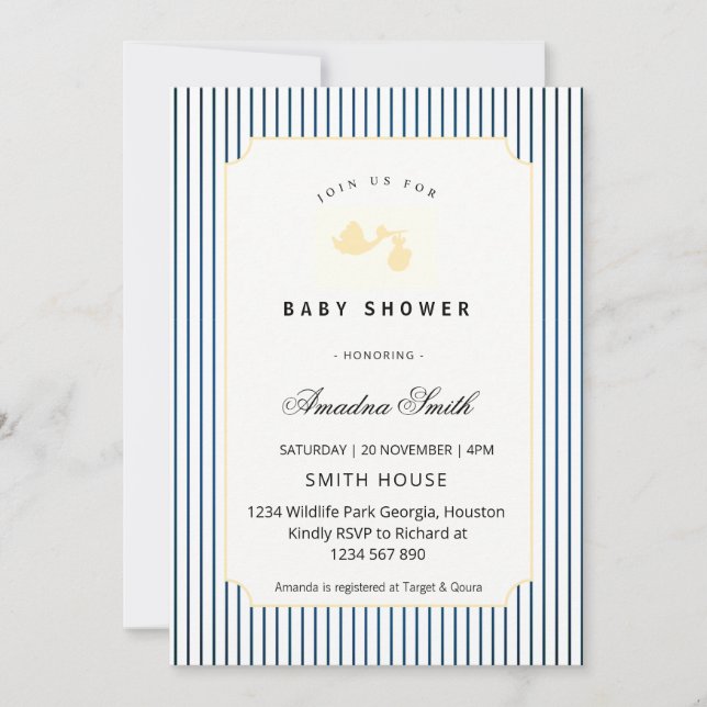 Invitation Bain de bébé cigogne rayures modernes et minimalis (Devant)