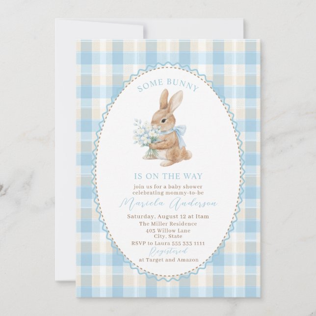 Invitation Bain de bébé élégant aquarelle lapin ruban bleu (Devant)