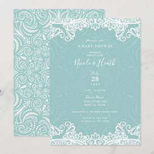 Invitation Bain de bébé élégant turquoise et blanc à dentelle