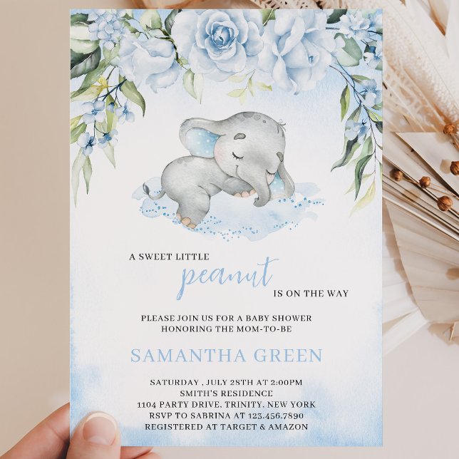Invitation Bain de bébé éléphant garçon bleu (Créateur téléchargé)