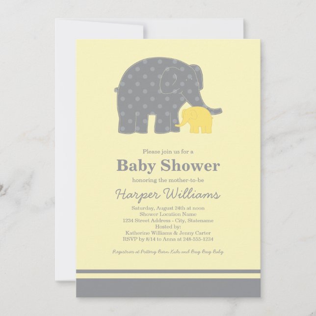 Invitation Bain de bébé éléphant mère jaune gris points (Devant)