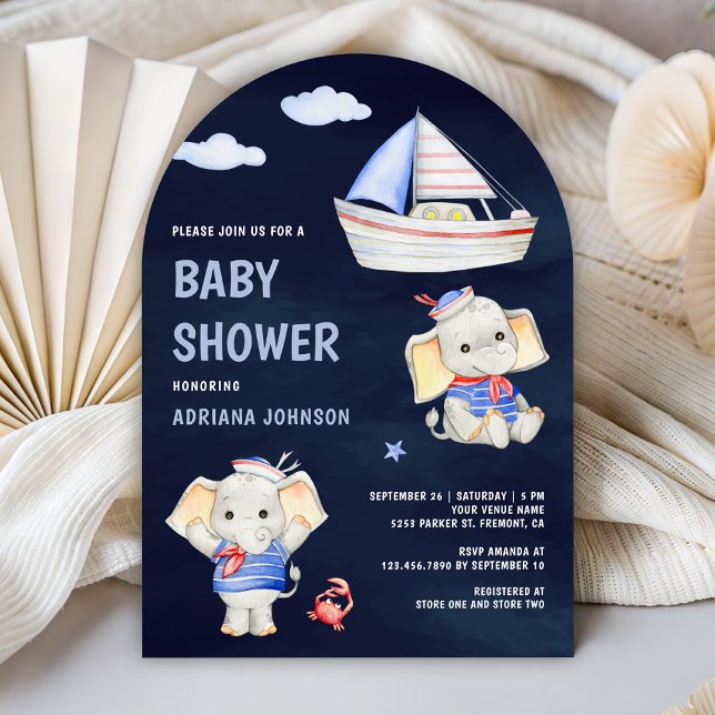 Invitation Bain de bébé éléphant mignon bateau nautique bleu  (Créateur téléchargé)