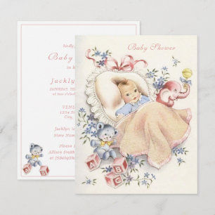 Invitation Bain de bébé éléphant rose ours bleu vintage