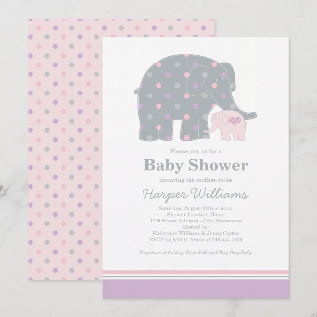 Invitation Bain de Bébé Éléphant Rose Violet Fille (Devant / Derrière)