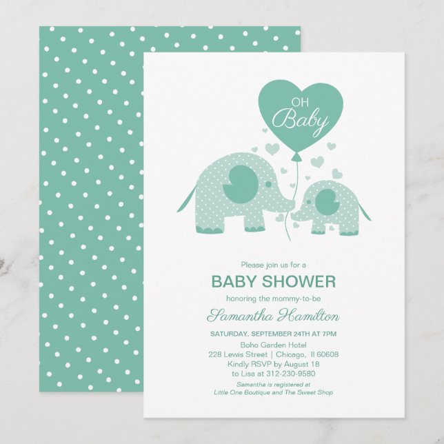 Invitation Bain de bébé éléphant vert menthe adorable (Devant / Derrière)