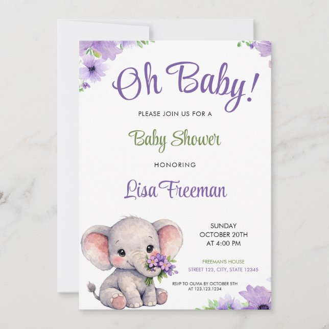 Invitation Bain de bébé éléphant violet et vert aquarelle (Devant)