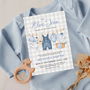 Invitation Bain de Bébé en Jean Bleu Clair à Carreaux