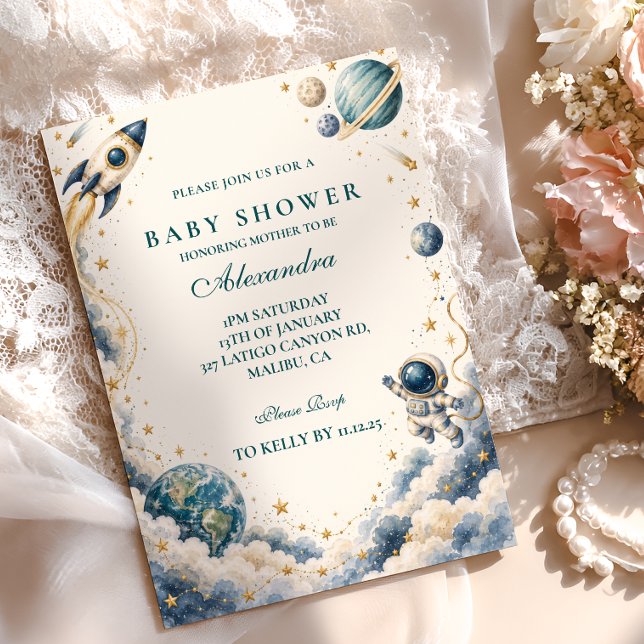 Invitation Bain de bébé Espace à l'aquarelle (Créateur téléchargé)