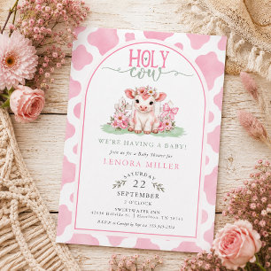 Invitation Bain de bébé fille à l'aquarelle Vache sacrée rose