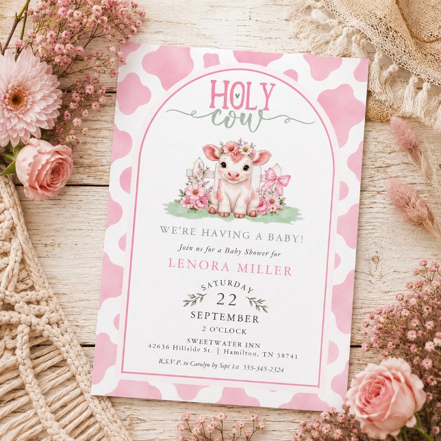 Invitation Bain de bébé fille à l'aquarelle Vache sacrée rose (Watercolor Holy Cow Pink Cow print Girl Baby Shower Invitation)