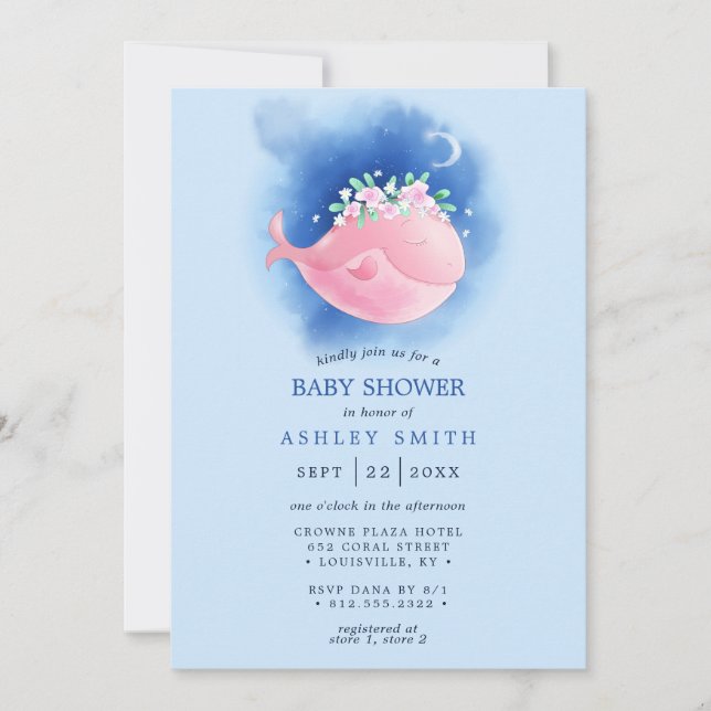 Invitation Bain de bébé fille aquarelle baleine rose marine (Devant)