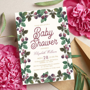 Invitation Bain de bébé fille aux mûres à l'aquarelle