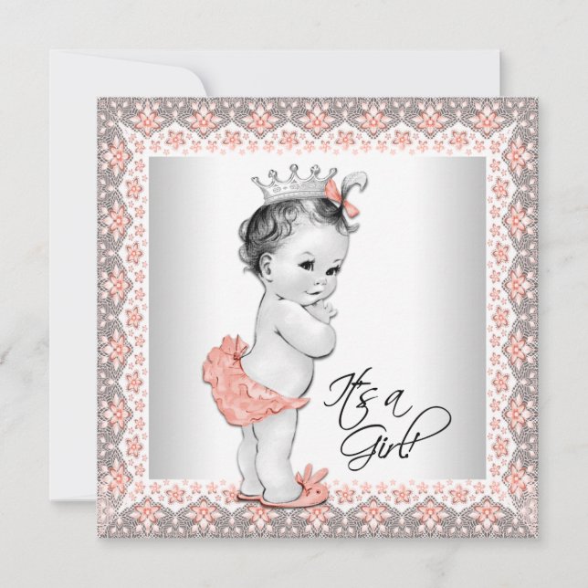 Invitation Bain de bébé fille corail et gris (Devant)