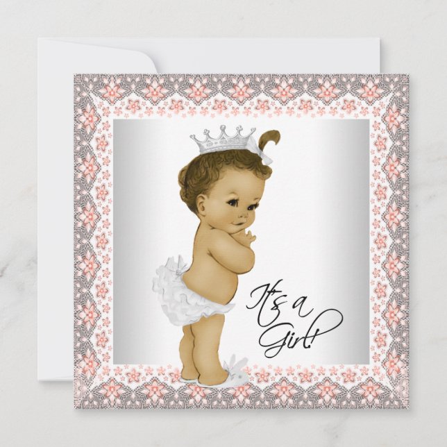 Invitation Bain de bébé fille corail et gris (Devant)