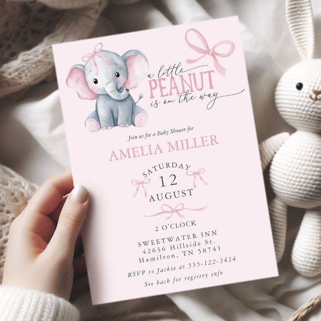 Invitation Bain de bébé fille éléphant à l'aquarelle et noeud (Watercolor Elephant Pink Bow Baby Girl Shower Invitation)
