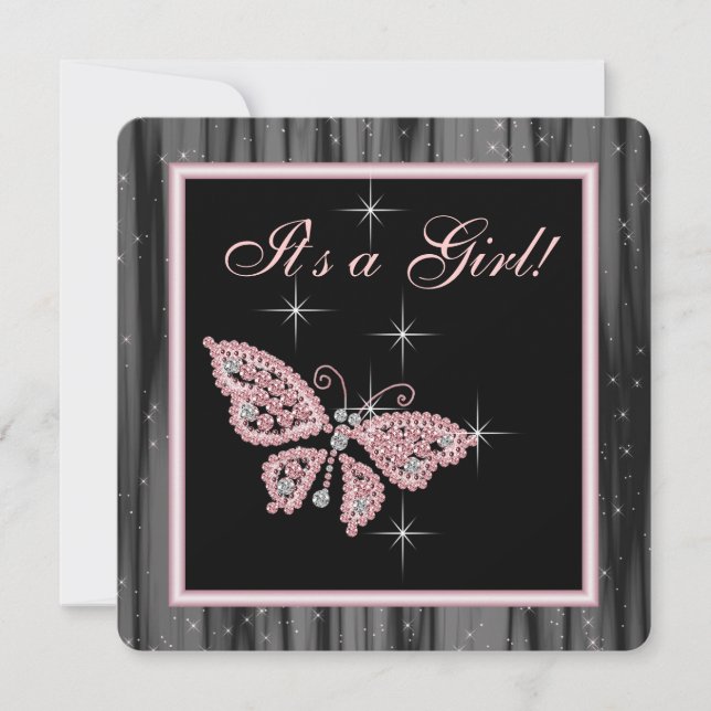 Invitation Bain de bébé fille papillon rose noir Jewel (Devant)