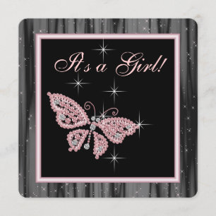Invitation Bain de bébé fille papillon rose noir Jewel