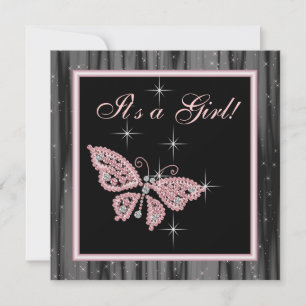 Invitation Bain de bébé fille papillon rose noir Jewel